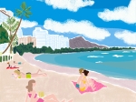 風景イラスト、景色イラスト／ハワイ オアフ島のワイキキビーチでの眺めイラスト