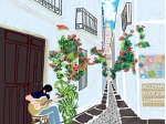 風景イラスト、景色イラスト／スペイン　アンダルシア地方　コルドバの花の小路イラスト