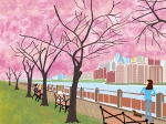 風景イラスト、景色イラスト／ニューヨークの桜とマンハッタンの摩天楼イラスト