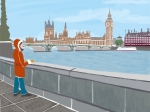 風景イラスト、景色イラスト／ロンドン テムズ川から望む時計台（ビッグ・ベン）イラスト