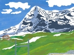 風景イラスト、景色イラスト／スイス雪山と山小屋と登山鉄道イラスト