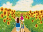 オリジナルイラスト「向日葵畑と飛行機雲」風景イラスト,景色イラスト,花のある風景,夏イラスト,向日葵イラスト