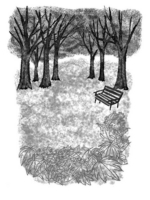 オリジナルイラスト「落ち葉と公園」　モノクロイラスト,風景イラスト,景色イラスト,公園イラスト