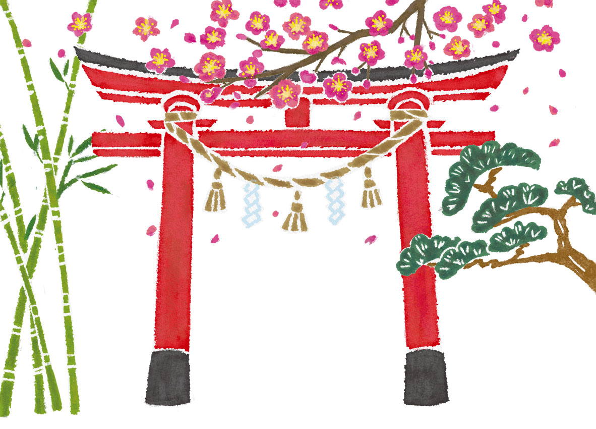 本山浩子のイラスト。三笠書房「神社ご利益一万倍の参り方」カバーイラスト。赤い神社の鳥居、松竹梅、梅の花が舞いっている、優しく落ち着いた幸せなイラスト