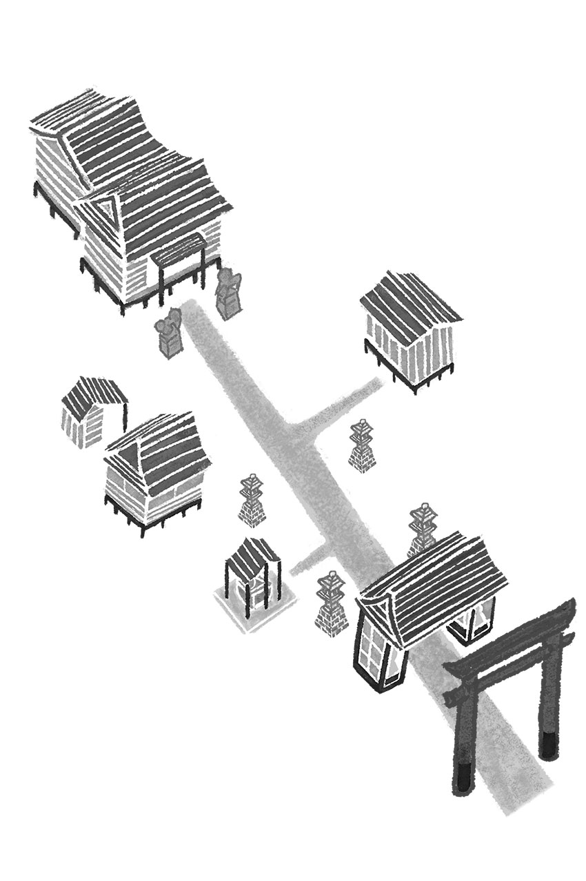 三笠書房「神社ご利益一万倍の参り方」モノクロ挿絵。神社の参拝の順番を示した俯瞰イラスト