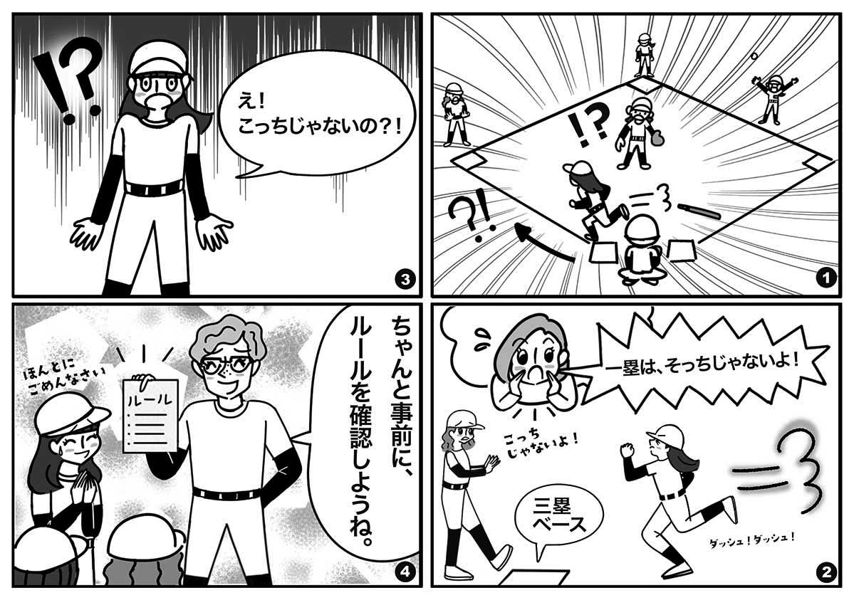 法律コラム「コンプライアンスアカデミー」2025年12月号連載18回4コマ漫画。法律の固い内容を明るくコミ法律コラム「コンプライアンスアカデミー」2025年12月18回4コマ漫画。法律の固い内容を明るく優しく伝える漫画。事前にルールを確認しようという内容の４コマ漫画