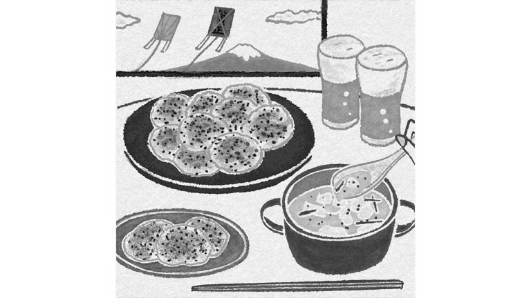 光文社発刊　小説誌「小説宝石」2026年1月号「ダジャレレシピ」連載86 エッセイコラムイラスト。美味しそうなたこ焼きとスープ料理のやさしい穏やかなイラスト。