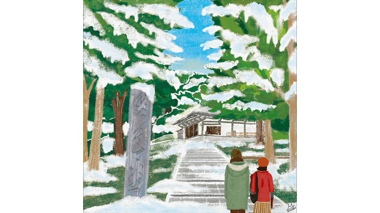 岩手県の名所、「中尊寺金色堂」冬の風景イラストです。雪が降る中訪れる夫婦の様子を描いた穏やかな絵。本山浩子が描いた優しく癒されるイラスト。