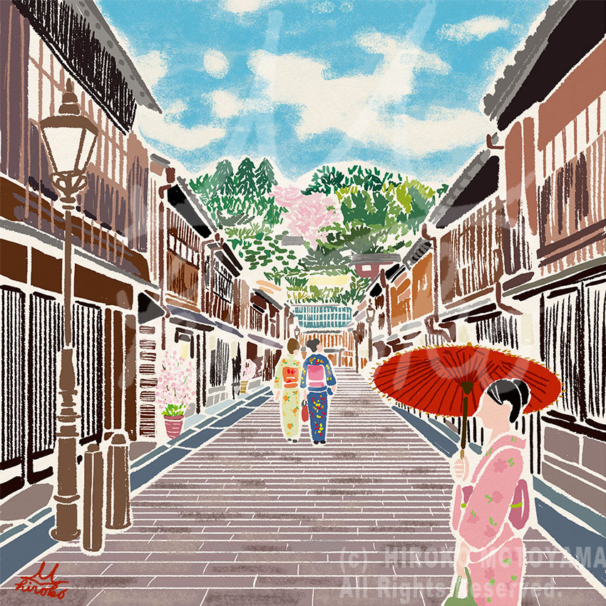 石川県金沢市の春の風景、着物を着た女性が歩いているイラスト。やさしい癒される風景イラスト