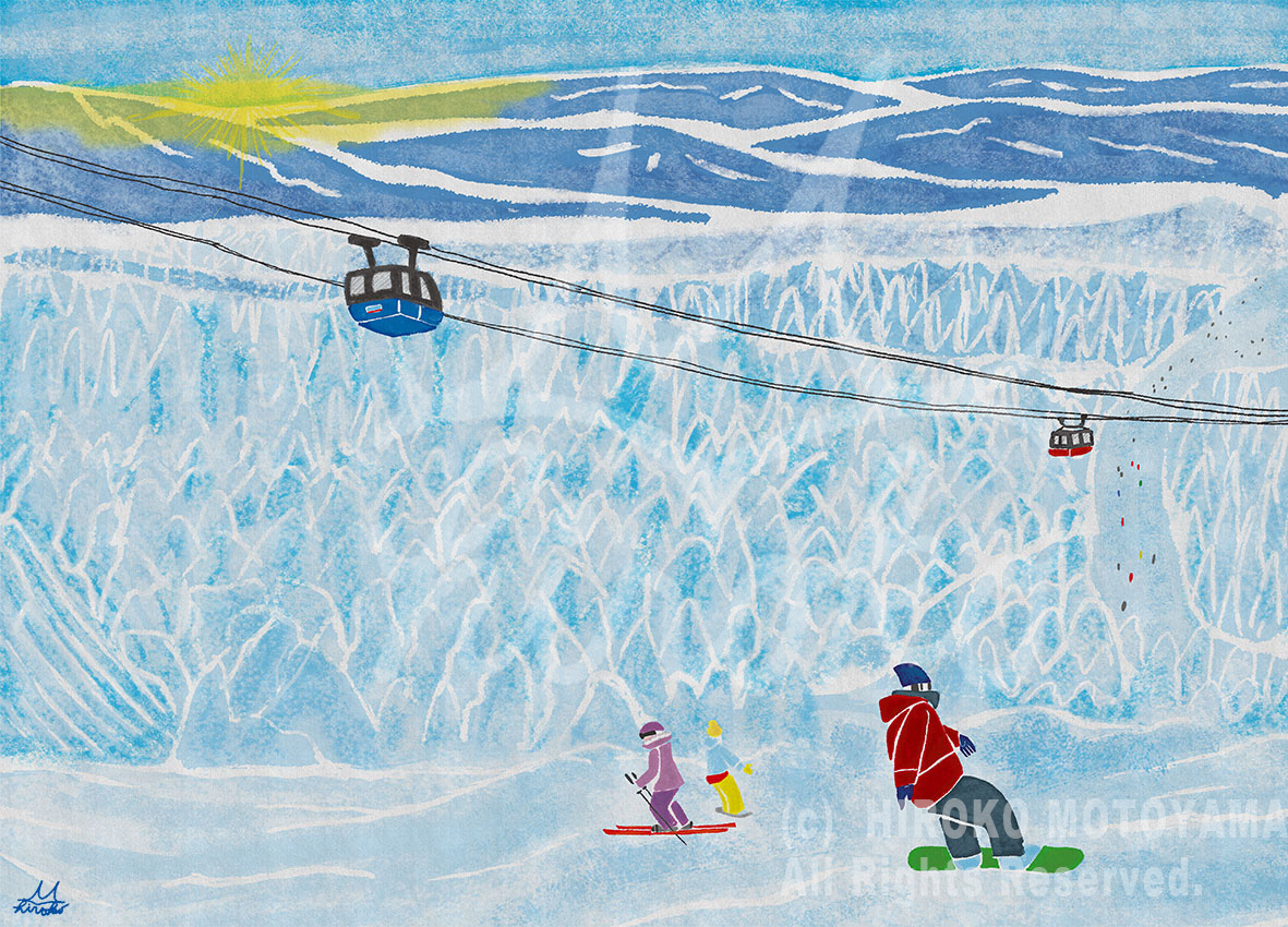 新潟県蔵王のスキー場でスノーボードやスキーをしている人のイラスト。やさしくほのぼのした風景イラスト