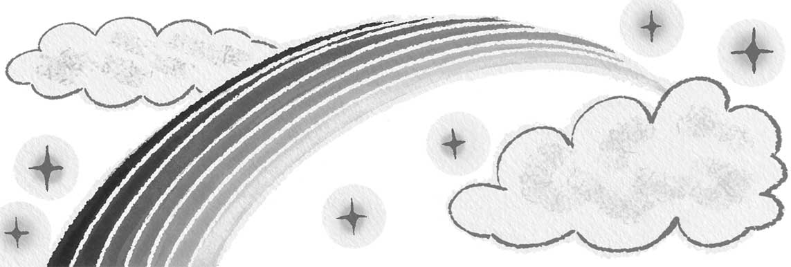 虹と雲の幸運を呼び込む運気があがる挿絵。モノクロで描かれたほのぼのとしたイラスト