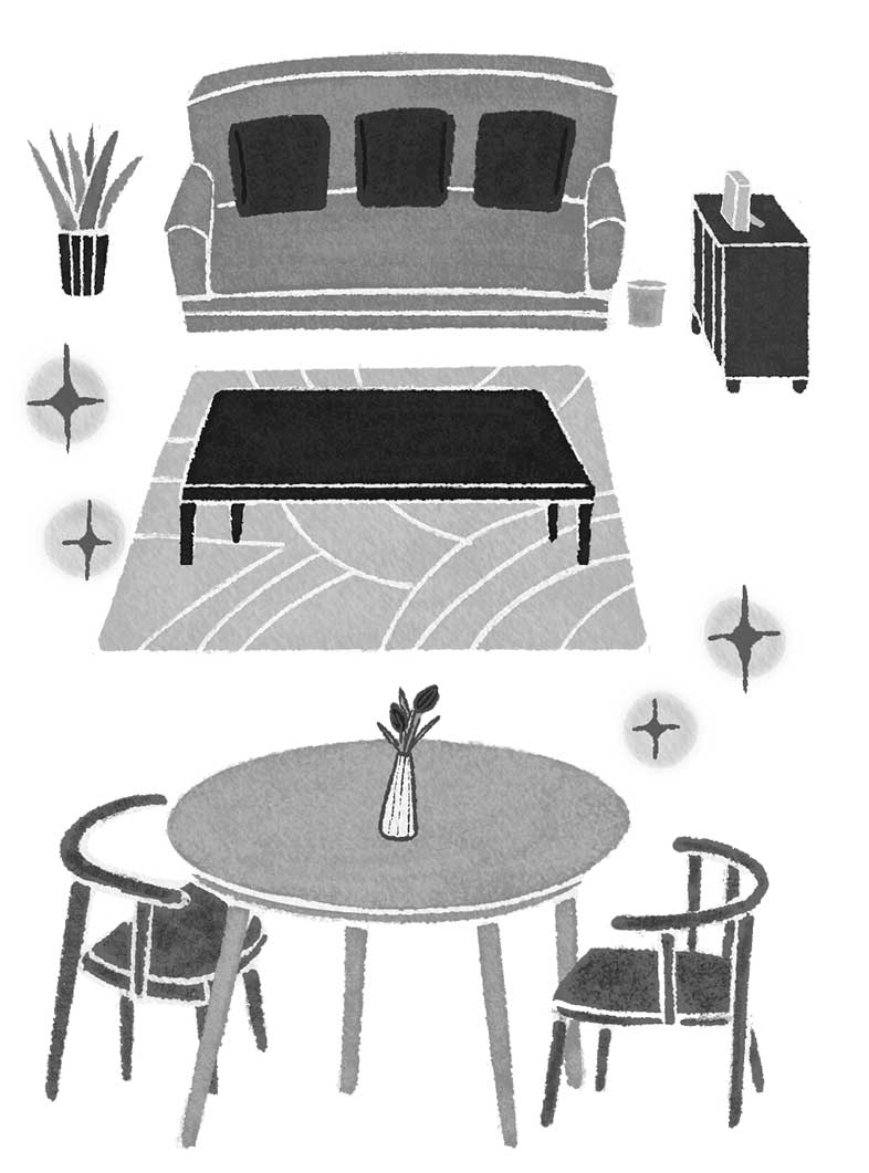 整理整頓されたリビングルームのモノクロのイラスト。スッキリとしたタッチで書かれた絵