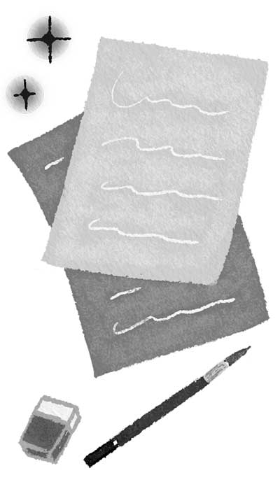 雑誌の挿絵で使われている、書類と鉛筆、消しゴムの白黒のやさしいイラスト