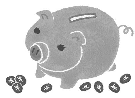 モノクロの豚の貯金箱とその周りにお金があるやさしいほっこりしたイラスト。イラストレーター本山浩子のイラスト