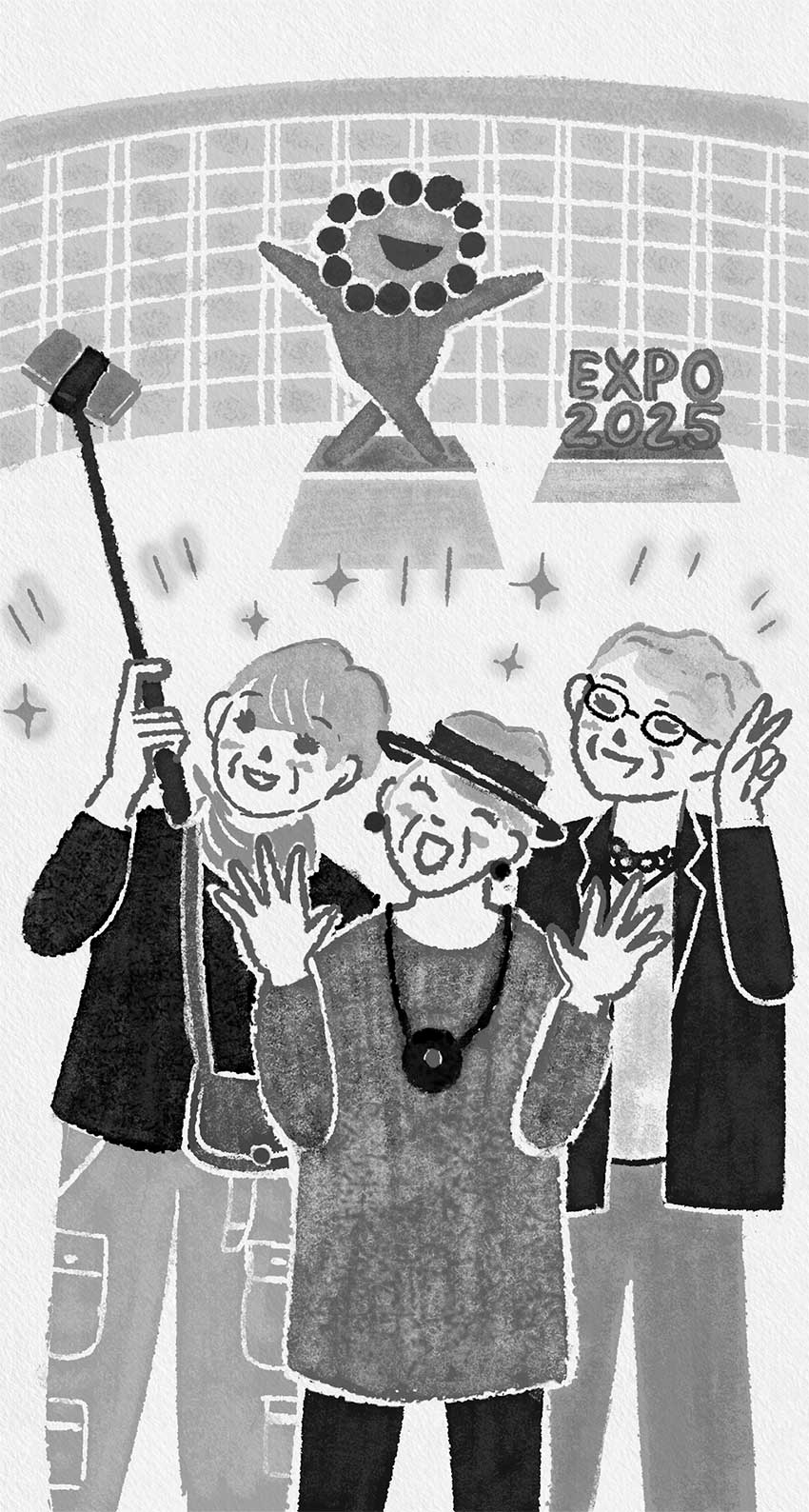 ３人の高齢者女性が楽しそうに写真を撮っている様子を描いたやさしくやわらかいイラスト。