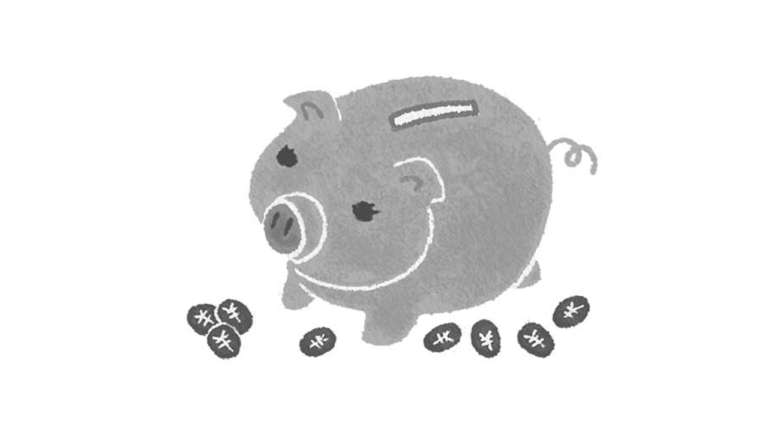 豚の貯金箱のモノクロイラスト。本山浩子のほのぼのした優しいタッチの絵