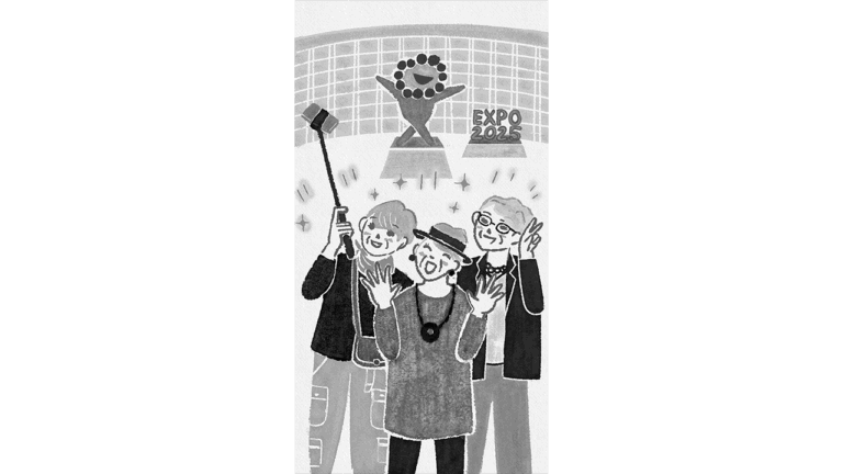 元気で明るい高齢者女性３人が楽しそうに写真を撮っている手描きのイラスト