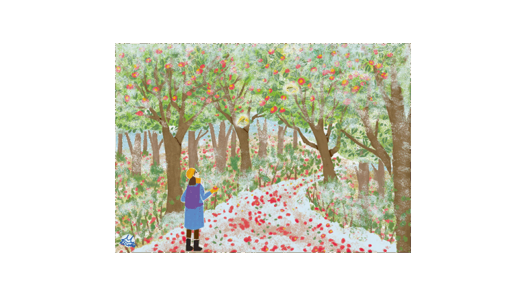 雪と椿の木々、鳥、それを見ている女性。足元には椿の赤い花びらが沢山おちて、やさしく幻想的な本山浩子のイラスト