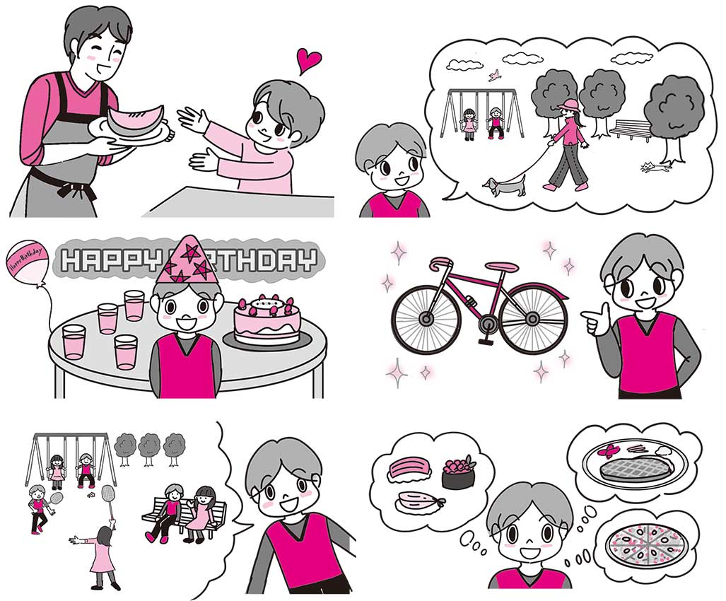 アルク発刊　はじめての英検Jr.の本のイラスト。小学生の男の子の明るく笑顔の楽しいイラスト。一コマ漫画