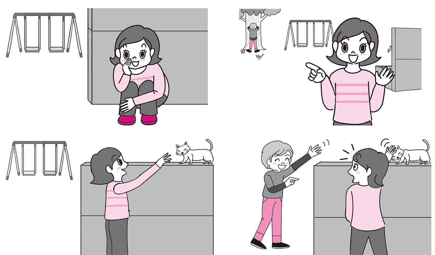 アルク発刊　はじめての英検Jr.テキストに掲載されたイラスト。2色の明るく楽しい本山浩子のイラスト