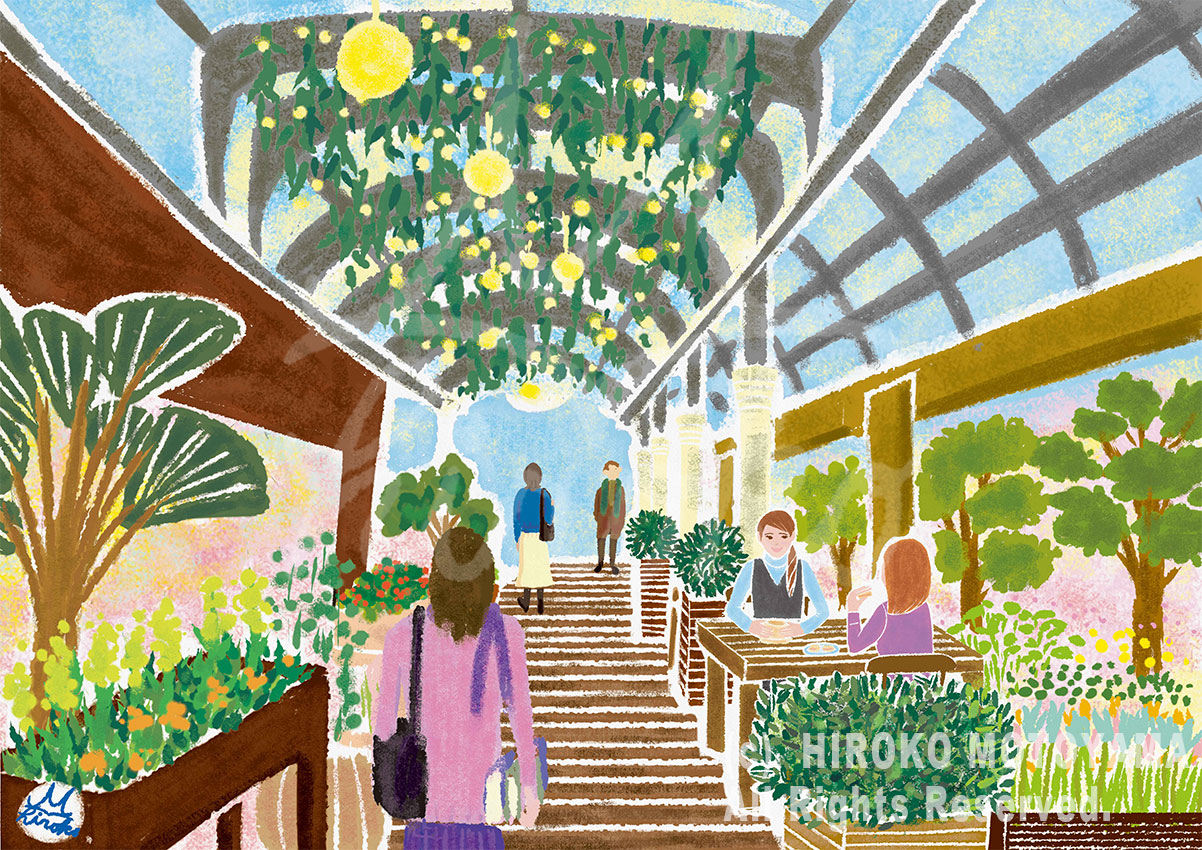 オリジナルイラスト。自然あふれるカフェでのひとときを描いた、女性らしくやさしいやわらかいアナログタッチの風景イラスト