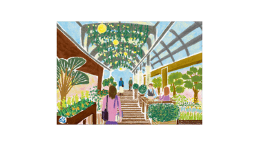 花のある風景シリーズ「花のある風景 ― カフェでのひととき」 本山浩子の優しく穏やかでほのぼのとした風景イラスト