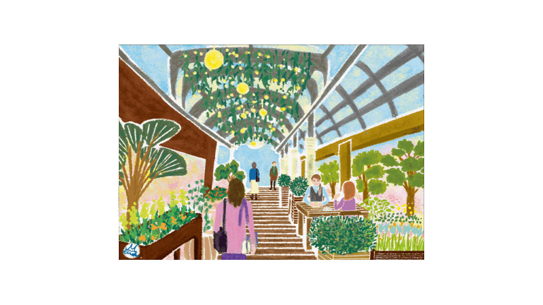 花のある風景シリーズ「花のある風景 ― カフェでのひととき」 本山浩子の優しく穏やかでほのぼのとした風景イラスト