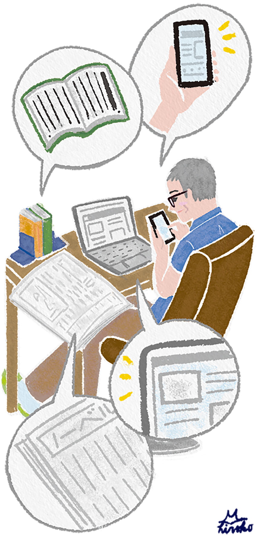 ビジネスマンが机の上で仕事をしながらスマホをしているイラスト。温かく穏やかでやさしいイラスト