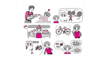 小学生の男の子が色々なことを話している１コマ漫画風イラストです。英語のテキストの挿絵で2色でシンプルで明るく楽しい挿絵です。