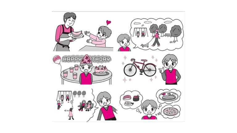 小学生の男の子が色々なことを話している１コマ漫画風イラストです。英語のテキストの挿絵で2色でシンプルで明るく楽しい挿絵です。