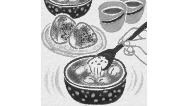 光文社発刊　小説誌「小説宝石」2026年03月号　酒とつまみ社出張所　多治家礼の「ダジャレレシピ」連載87 エッセイコラムイラスト