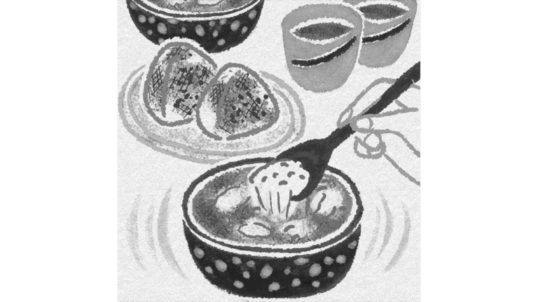 とろとろとしたスープと焼きおにぎりと日本茶、ほっこりと和むコラム用のモノクロイラスト