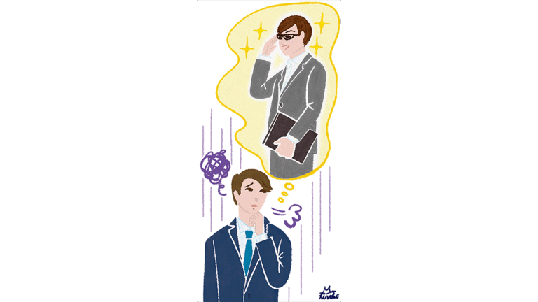 同僚の出世した姿と自分を比較して悩んでいるビジネスマンのイラスト。やさしいタッチの本山浩子のイラスト