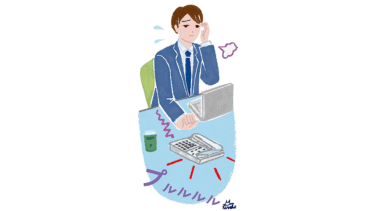 会社員がオフィスで電話をとろうしている絵。手描きのやさしく穏やかなイラスト