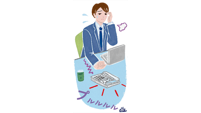 会社員がオフィスで電話をとろうしている絵。手描きのやさしく穏やかなイラスト