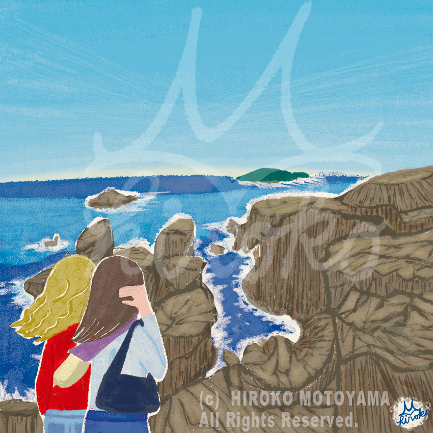 WEB47PRで連載47都道府県イラストで名所巡りの福井県東尋坊の春のイラスト。日本の名所イラスト