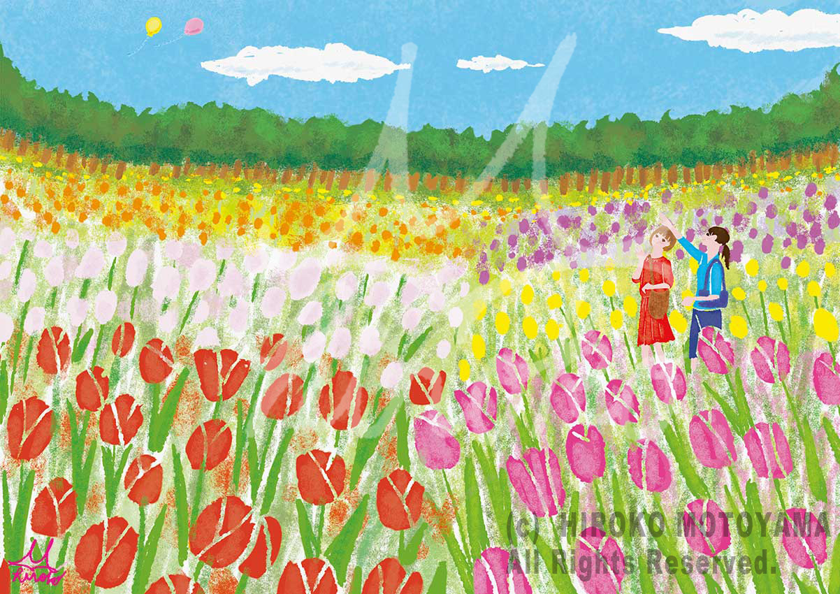 チューリップ畑で女性二人が笑顔で話して、遠くに飛んでいく風船を眺めているほっとする風景イラスト。女性らしいあたたかみのあるイラスト