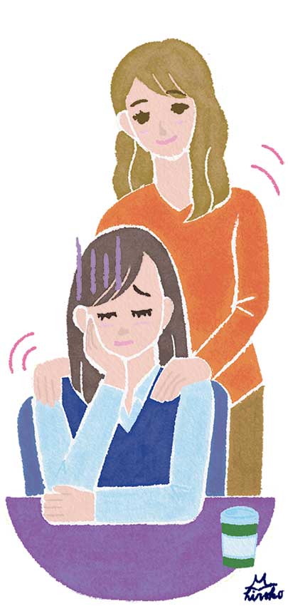 悩んでいる女性を先輩女性が励ましている、オフィスでのシーンを描いたイラスト。ビジネスイラスト