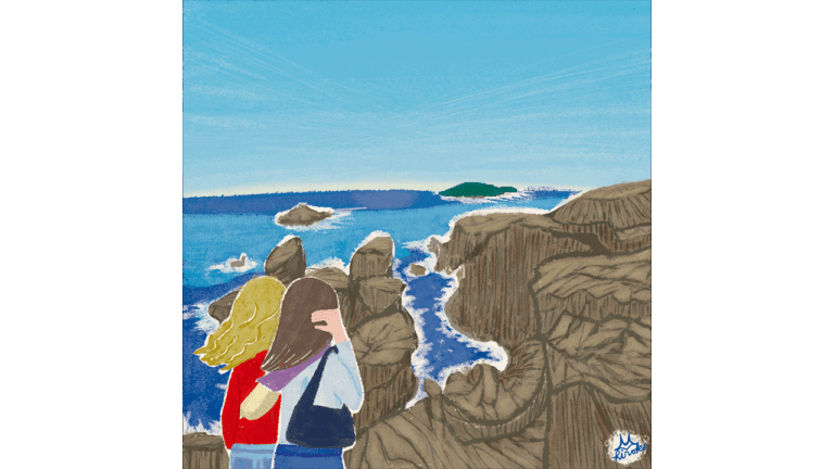 福井県東尋坊の迫力ある日本の風景イラスト。優しく穏やかな本山浩子のイラスト