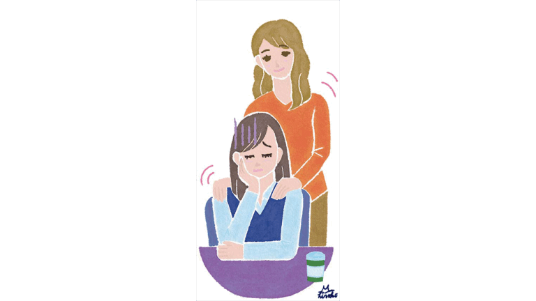 元気のない女性を同僚が心配して声を掛けているビジネスシーンのイラスト。やさしくおだやかなイラスト
