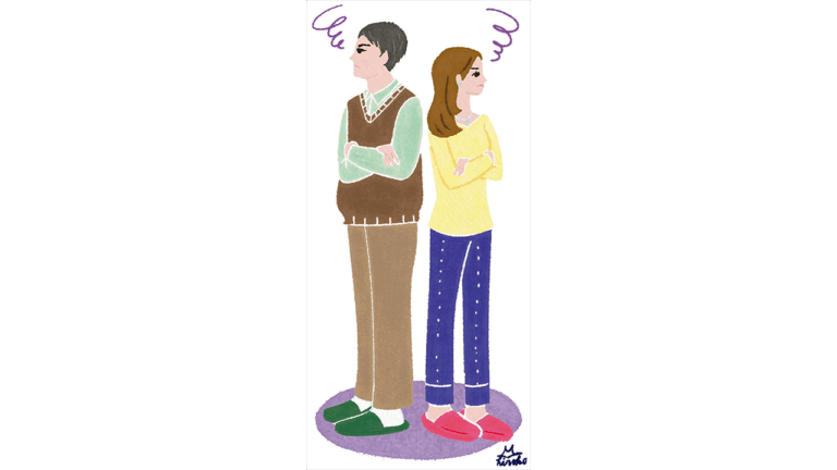 父と娘が喧嘩した様子を描いたイラスト。健康保険組合の冊子のコラム挿絵。ほのぼのとしたイラスト