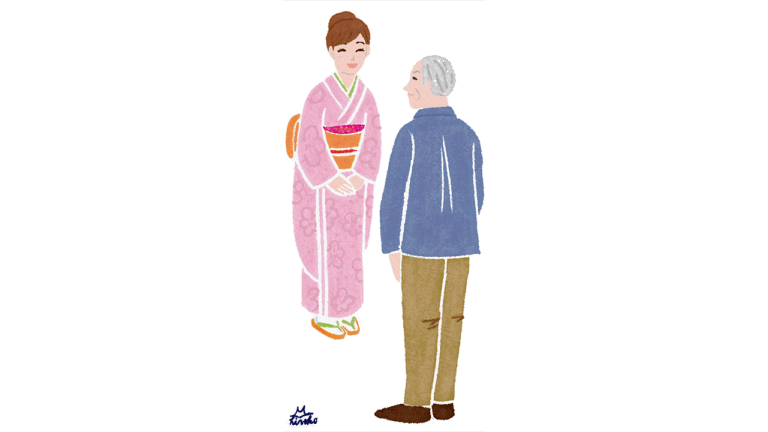 着物の女性が男性とご挨拶しているイメージイラスト。ほのぼのとしたおだやかなイラスト