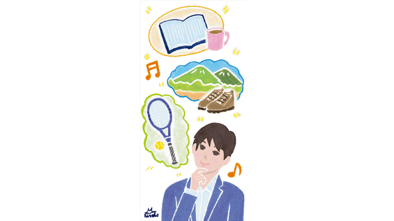 サラリーマンがテニス、登山、読書などたのしく空想しているシーンの挿絵。やさしくやわらかいタッチのイラスト