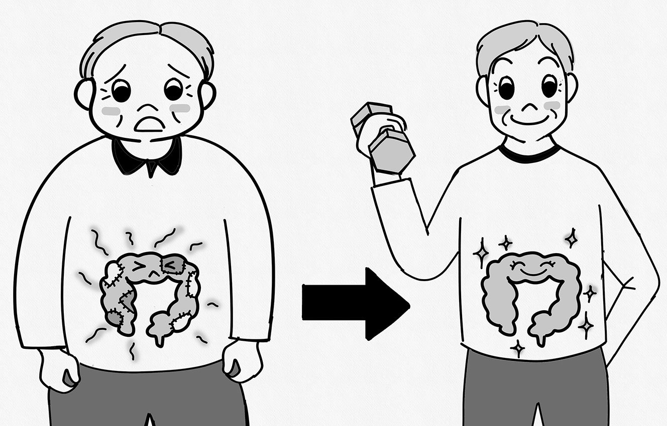 ボウリングマガジン3月号コラム挿絵。太っている男性は腸が辛そうになっていて、健康な男性の腸は元気な様子を描いたイラスト