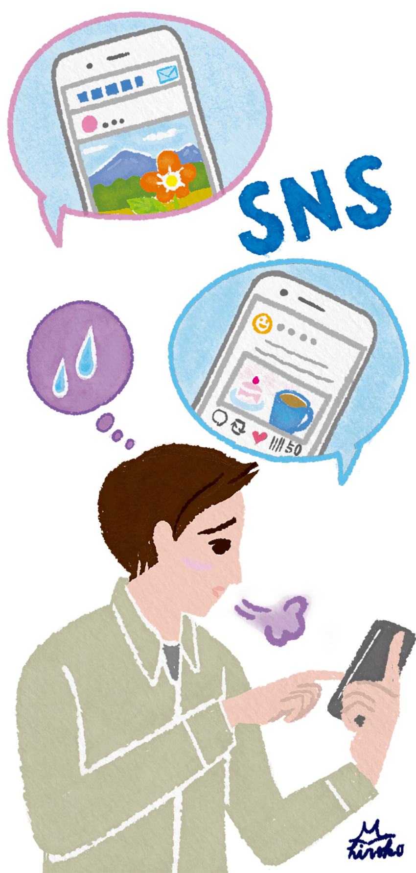 健康保険組合連合会様『すこやか健保』3月号 の挿絵。男性が携帯でSNSを見て困っている様子を描いた本山浩子のやさしいイラスト