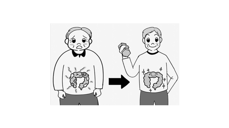 ボウリングマガジン3月号コラム挿絵。太っている男性と痩せている男性のイラスト。腸が元気か元気でないかのイメージを描いた絵